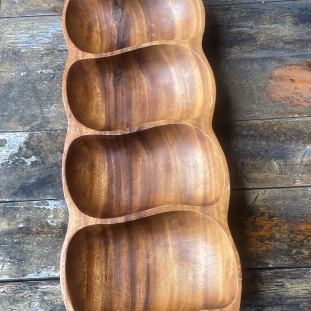 Vintage Handcrafted Monkeypod Wood 4 Compartment Serving Dish 7x17